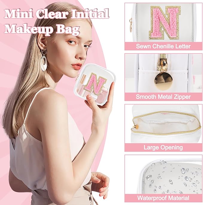 Mini Clear Personalized Initial Makeup Bag,Nylon Preppy A-Z Chenille Letter Patch Zipper Cosmetic Bag, Small Cute Beach Pouch Travel Purse Sanitary Napkin Storage Bag for Women Girls(White-Pink H)