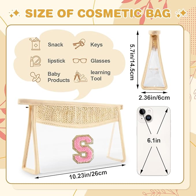 Small Boho Straw Initial Letter Makeup Bag Personalized Gift,Cute Clear Chenille Patch Makeup Bag With Zipper,Trendy TSA Approved Travel Toiletry Bag,Gift for Women Girls Birthday Friend, Letter S