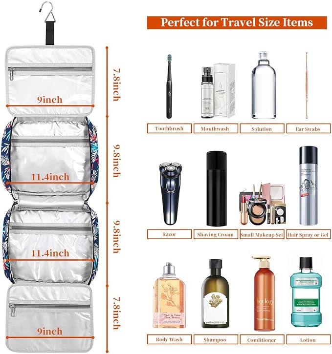 Bosidu Hanging Travel Toiletry Bag, Large Capacity Cosmetic Travel Toiletry Organizer for Women with 4 Compartments & 1 Sturdy Hook, Perfect for Daily Use/Christmas