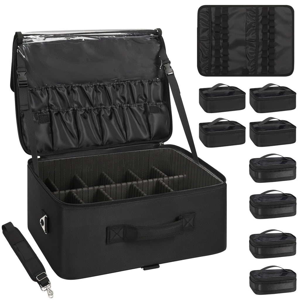 Relavel Extra Large Makeup Case Professional Cosmetic Storage Organizer Box Brush Holder with 8 Clear Set Bags & Lipstick Plate for Makeup Artists with Shoulder Strap & Adjustable Dividers