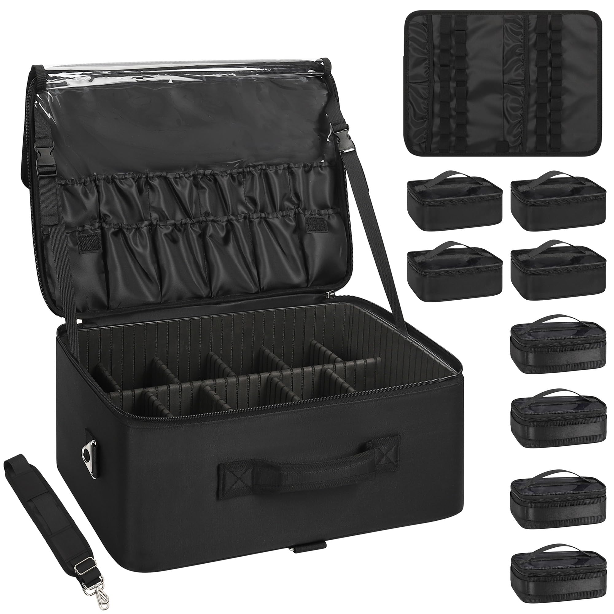 Relavel Extra Large Makeup Case Professional Cosmetic Storage Organizer Box Brush Holder with 8 Clear Set Bags & Lipstick Plate for Makeup Artists with Shoulder Strap & Adjustable Dividers