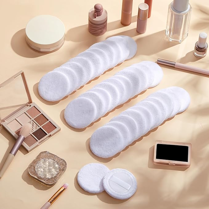 SiliFine 40 Pcs Cotton Powder Puffs Bulk Washable, 2.36 Inch Round Makeup Dusting Powder Puff with Ribbon for Loose and Pressed Powderface Body Cosmetic, White