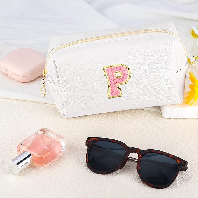 URSKYTOUS Initial Makeup Bag Personalized Preppy Travel Small Cosmetic Bag Cute PU White Chenille Letter Makeup Pouch for Purse Waterproof Zippered Toiletry Organizer for Women Girl Kid Friends (P)