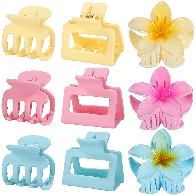 Hair Clips for Women 9 Pack Medium Claw Clips, No Slip Strong Hold Hair Clips for Thick & Thin Hair, Flower Square Aesthetic Styles for Everyday Styling, Trendy Hair Accessories (Pink)