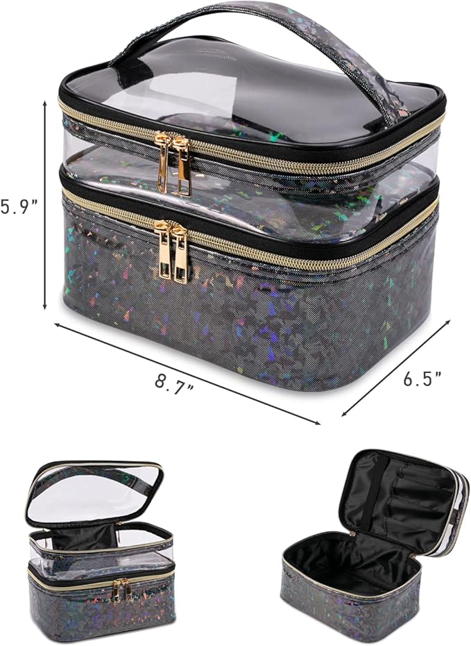 imerelez Double-layer Makeup Bag Cosmetic Bag Travel Makeup Cases Organizer Toiletry Bag Gift for Women, Portable Waterproof (Black)