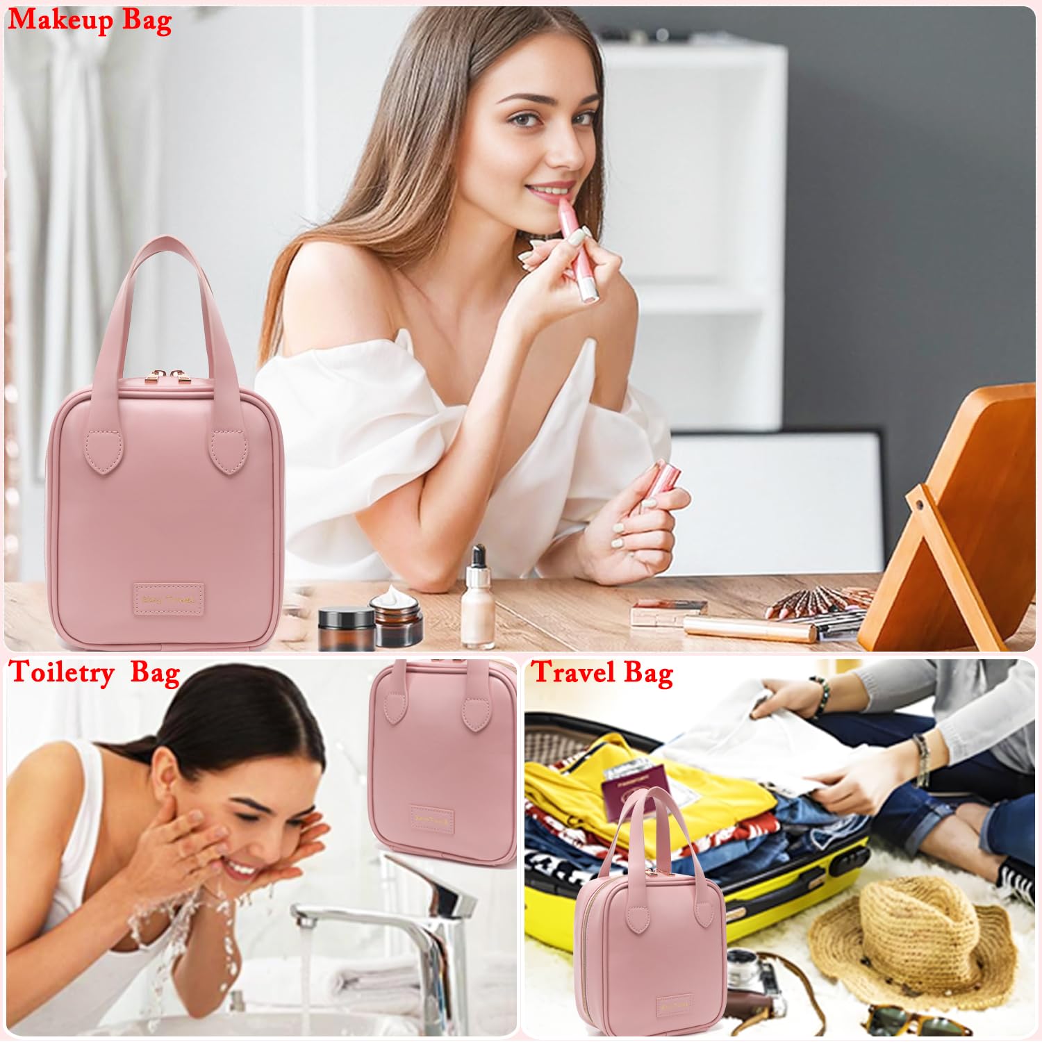 Fammart Travel Makeup Bag, Large Flat-Open Cosmetic Bag Make Up Organizer Case for Women, Waterproof PU Leather Toiletry Bag with Brush Compartment Skincare Pouch for Toiletries Accessories