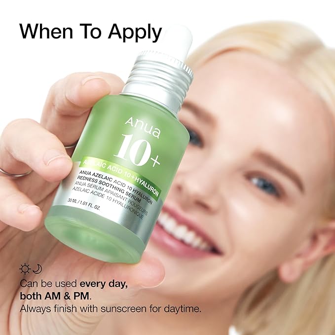 Anua Azelaic Acid 10 Hyaluron Redness Soothing Serum, Facial Serum for Blemish-Prone & Oily-Prone Skin, Lightweight & Hydrating Blemish Care, Hyaluronic Acid, Korean Skincare, 1.01 fl oz.