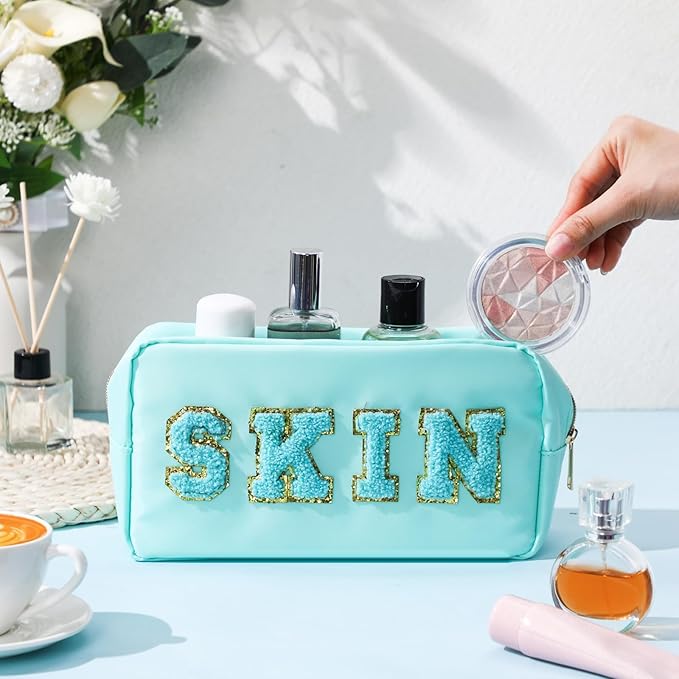 Remerry 4 Pcs Nylon Makeup Bags Waterproof Spacious Travel Cosmetic Bag for Women Chenille Letter Preppy Zipper Pouch Face Stuff Skin Hair Organizer Gift(Light Blue, Green, Purple, Pink)