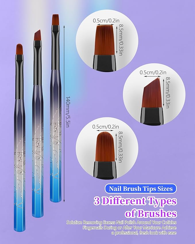 AMilHiTon 3PCS Nail Polish Clean Up Brush, Round/Flat/Angled, Gilded Blue