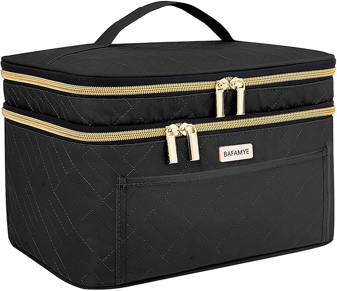 BAFAMYE 8.8L Double Layer Travel Makeup Bag Women, Large Cosmetic Case, Organizer for Travel-Size Accessories Bottles, Brushes, and Skin Care Products, Black 2.33 GAL