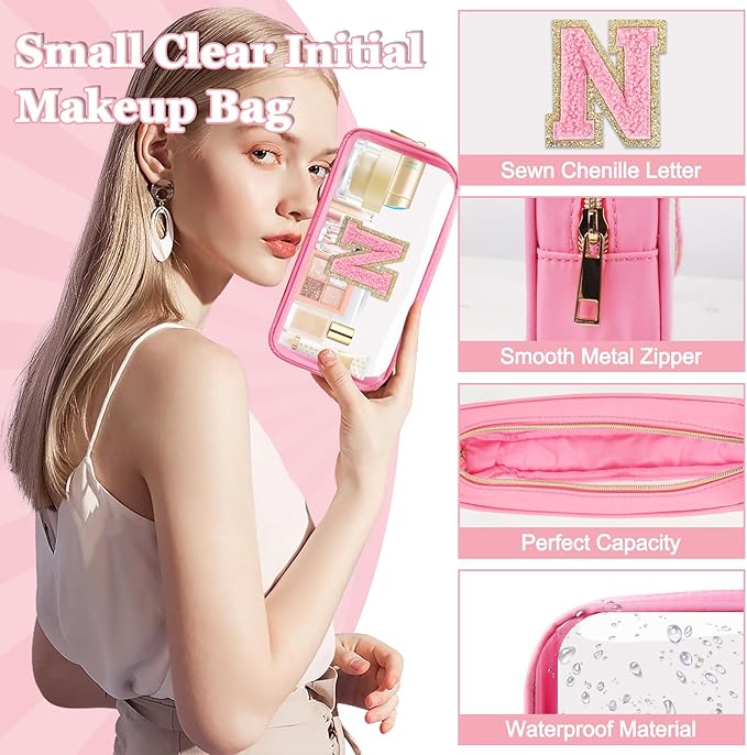 Small Clear Personalized Initial Makeup Bag,Nylon Preppy A-Z Chenille Letter Patch Cosmetic Pouch Beach Toiletry Bag,Waterproof Zipper Travel Purse Storage Bag Organizer for Women Girls(Pink-Pink N)