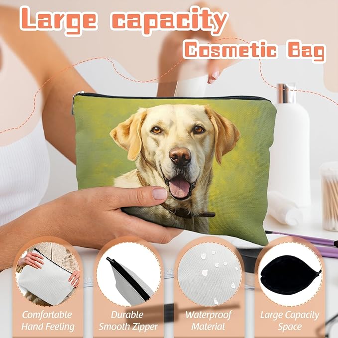 Scribesense Makeup Bag Travel Cosmetic Bags Small Makeup Case Waterproof Zipper Pouch for Women Girls 7X9inches - Yellow Labrador Retriever with A Brown Collar