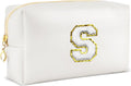 URSKYTOUS Gifts for Girls Initial Makeup Bag Personalized Cosmetic Bag with Zipper Cute Travel Toiletry Bags Waterproof PU Preppy Makeup Pouch Birthday Gift for Teen Girls Women(White S)