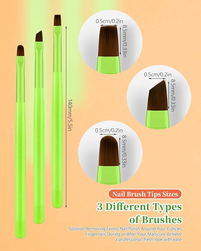 AMilHiTon 3PCS Nail Polish Clean Up Brush, Round/Flat/Angled, Bright Green