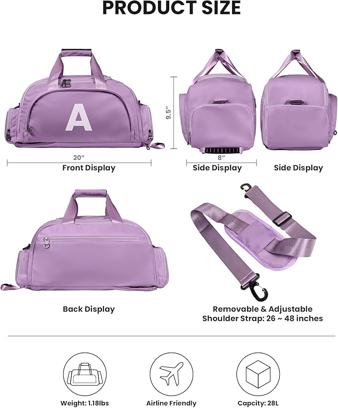 Vogewood Gifts for College Girls, Initial Gym Bags with Shoe Compartment