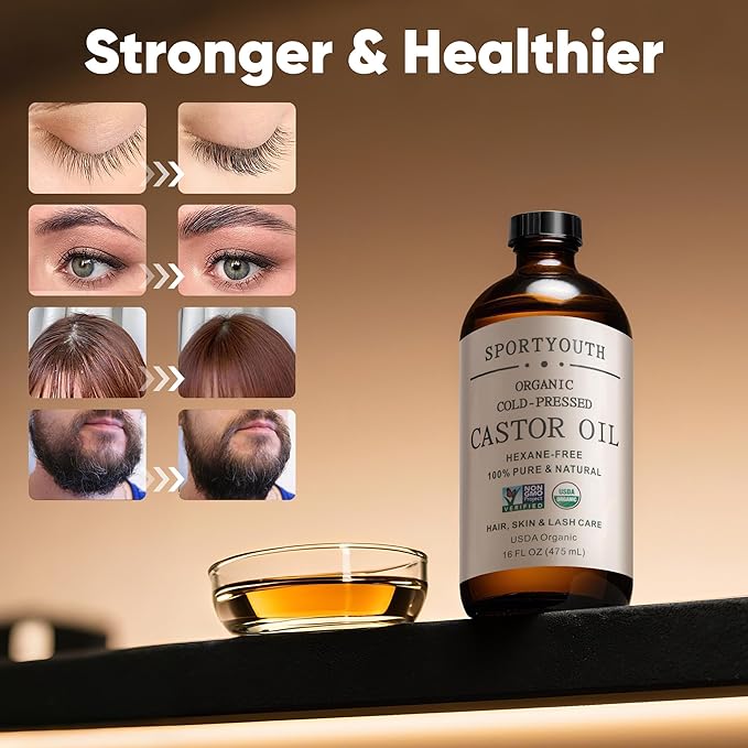 SPORTYOUTH USDA Organic Castor Oil Cold Pressed Hexane Free Glass Bottle