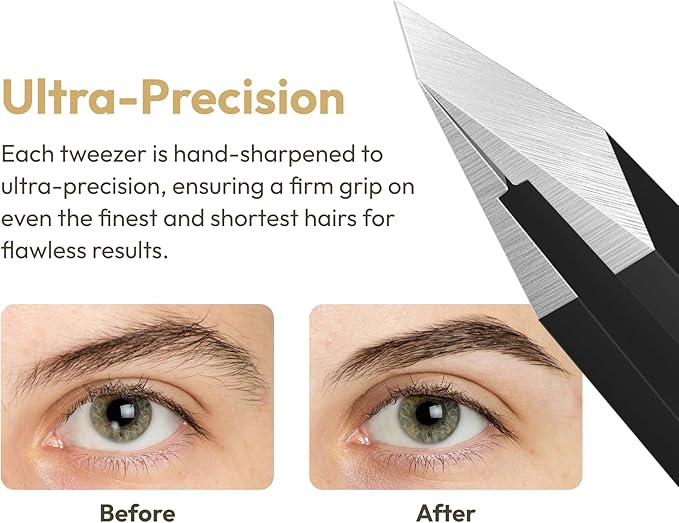 Beauty Power Tweezers for Women Facial Hair: Ultra Precision Tweezers for Women & Men, Sharp Slant Tweezer for Eyebrows, Ingrown Hair Removal. Professional Plucker + Case, German Stainless Steel Black
