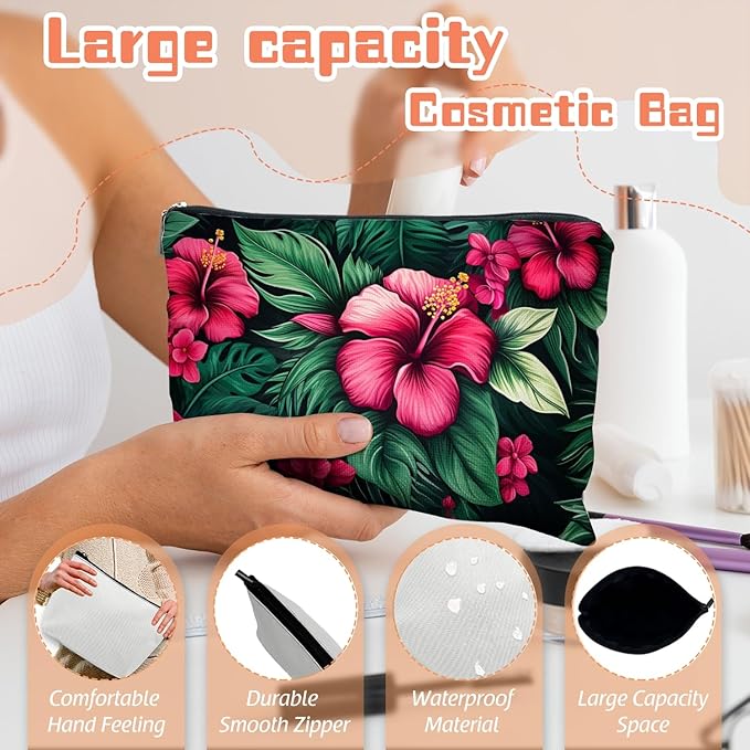 Scribesense Makeup Bag Travel Cosmetic Bags Small Makeup Case Waterproof Zipper Pouch for Women Girls 7X9inches - Bold Hibiscus Flowers with Green Foliage