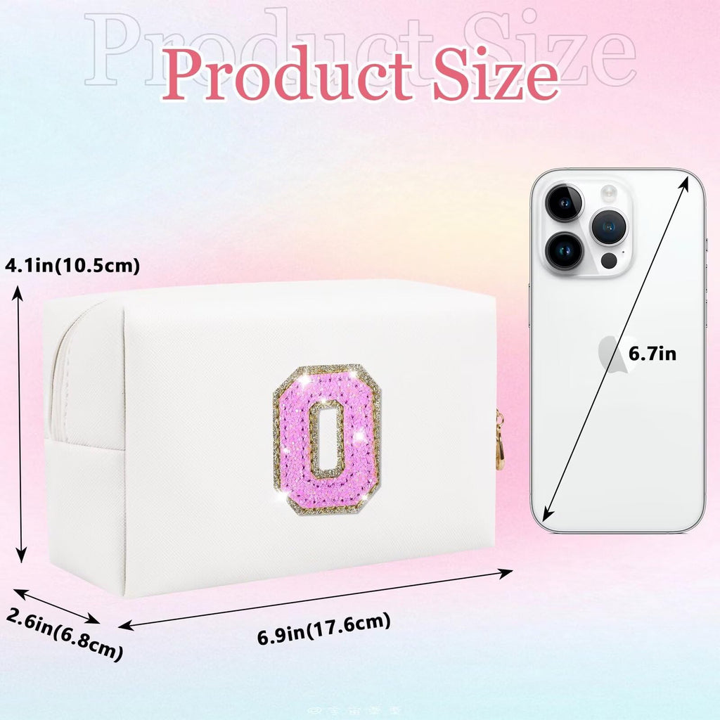Glitter Initial Letter Makeup Bag, Small Personalized Sequins Letters PU Leather Cosmetic Bag Portable Waterproof Makeup Zipper Pouch, Shine Handbag Organizer Travel Bag Gifts for Women&Girls(White-O)