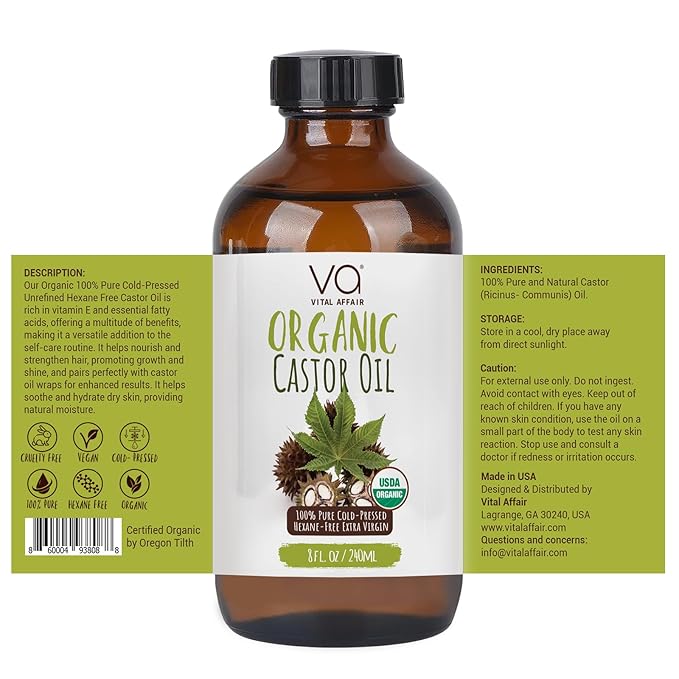 Castor Oil Organic Cold Pressed Glass Bottle 8oz For Hair Growth, Eyebrow