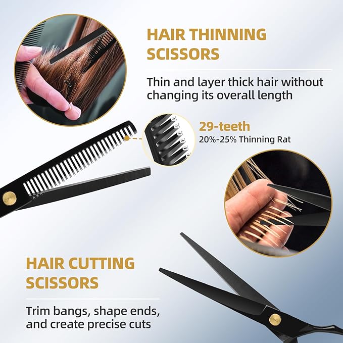 Ethyxe Hair Cutting Scissors Kit with Razor, Leather Case, Barber Hair Cutting Shears Thinning Blender Scissors for Professional Hairdresser or Home Use (Black)