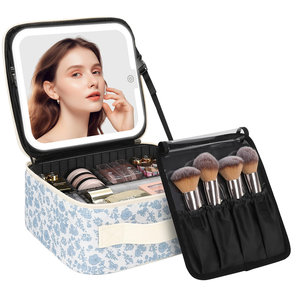 Chomeiu Makeup Bag with LED Mirror, Travel Cosmetic Bag for Women Girls