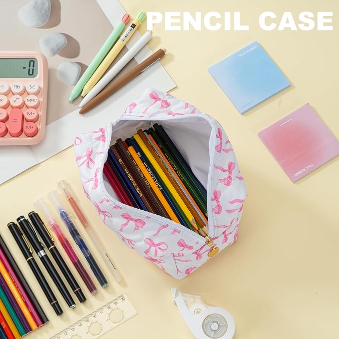 UUYUUY Makeup Bag Travel Toiletry Bag for Women, Small Cosmetic Bags Cute Quilted Cotton Makeup Pouch for Purse Emergency Bag Pencil Case Accessory Bag, Ribbon Bow