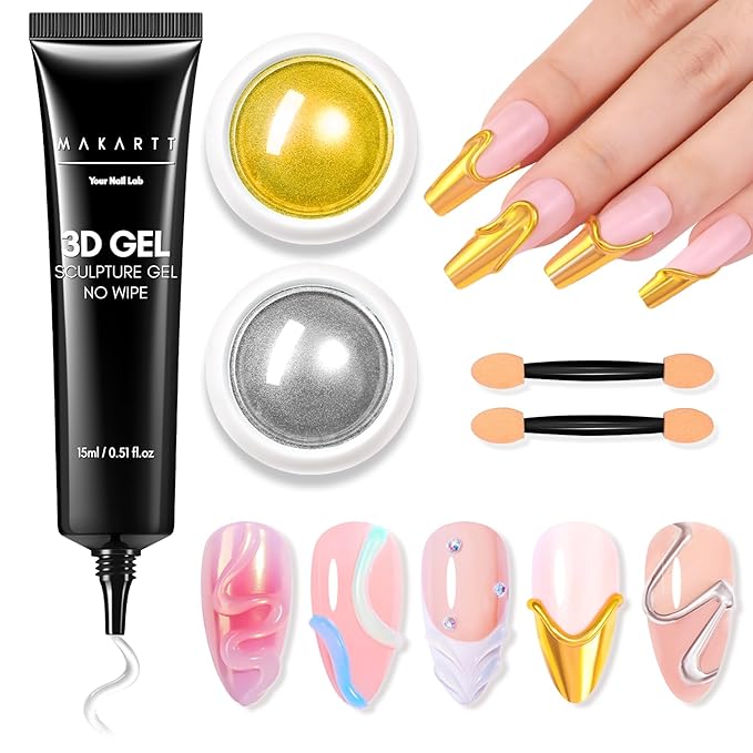 Makartt 15g 3D Nail Gel & Chrome Nail Powder Kit for Sculting and Drawing