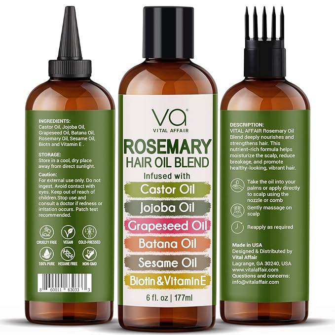 Blend Of Pure Rosemary Oil For Hair Growth 6 Fl Oz With Castor, Batana Oil