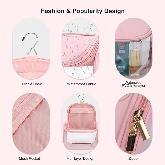 YFG Travel Toiletry Bag for Women & Men, Transparent Cosmetic Organizer with Hook, Portable, Organizer, for Travel-Sized Shampoo, makeup Accessories, Brushes Set, Conditioner, Medium Size Pink