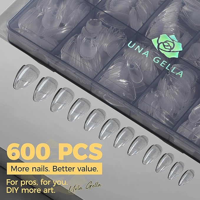 UNA GELLA 600 Pcs Almond Gel Nail Tips, Pre Etched Medium Almond Nail Tips