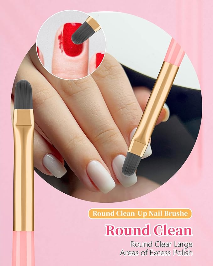 AMilHiTon 3PCS Nail Polish Clean Up Brush, Round/Flat/Angled, Emerald Pink