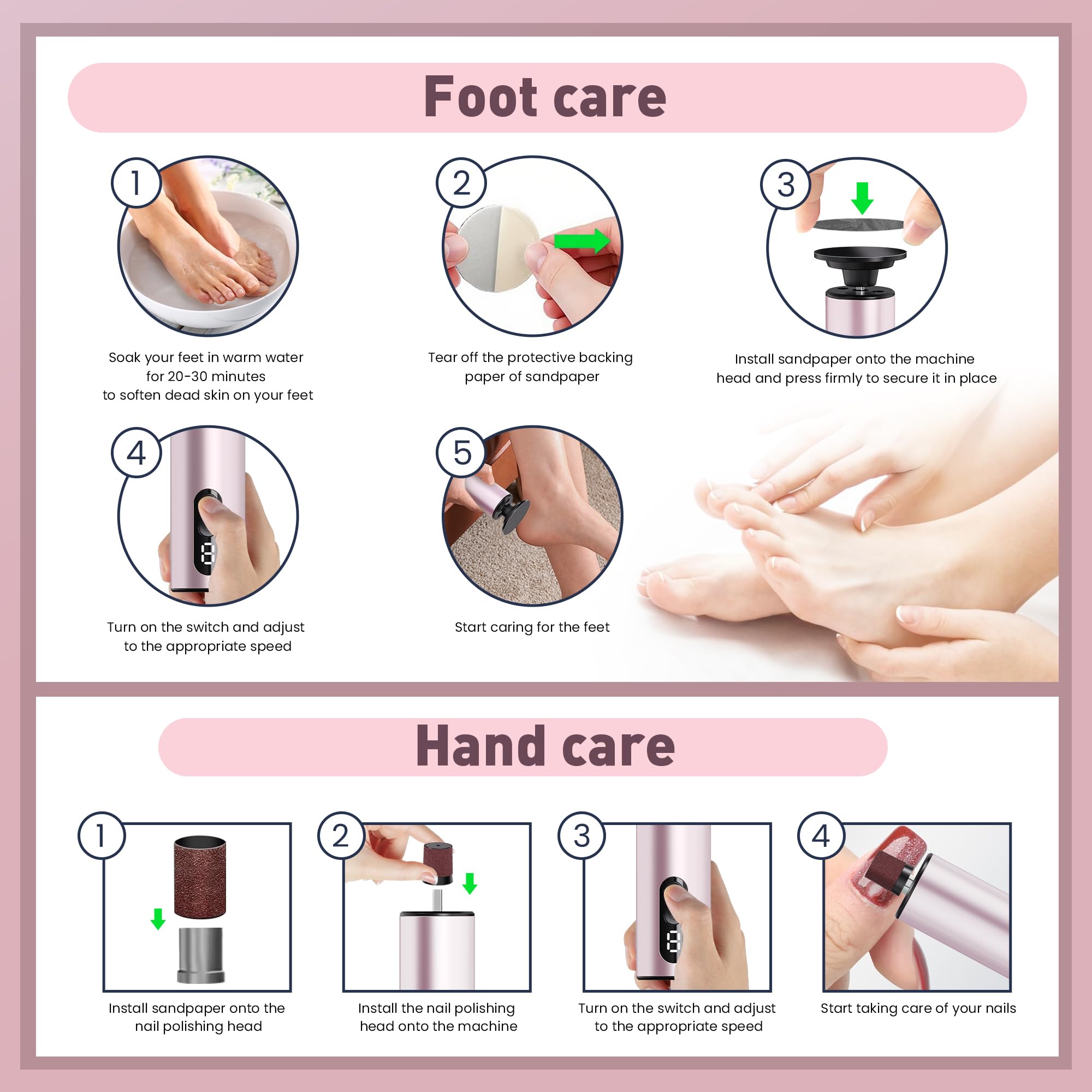 Electric Foot Callus Remover,2 in1 Rechargeable Callus Remover for Feet,9-Speed Cordless Electric Foot File Nail Grinder,Foot Scrubber Pedicure Tools for Dead Skin Dry Cracked Feet(Pink Fold)