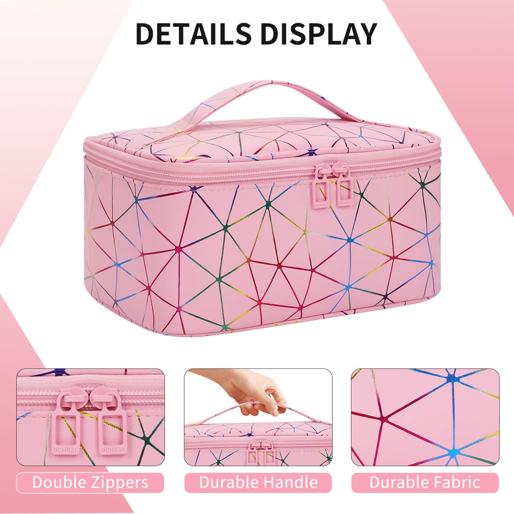 OCHEAL Makeup Bag - Portable Large Capacity Travel Cosmetic Case for Women with Handle and Divider Toiletry Organizer for Girls on the Go -Geometric Pink