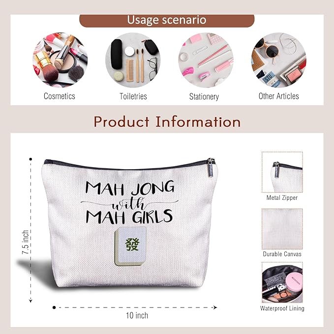 Zomhix Mahjong Gifts for Women - Funny Mahjong Makeup Bag with Mah Girls Cosmetic and Toiletry Bag Accessories