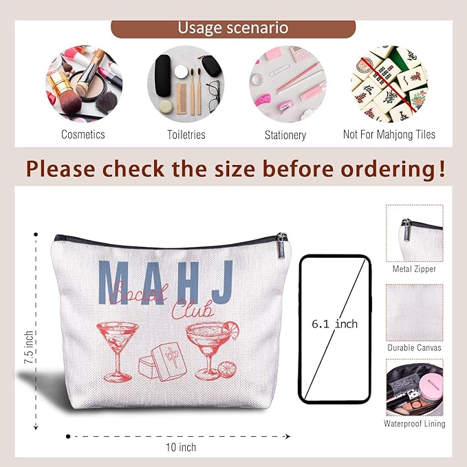 Zomhix Trendy Mahjong Cocktail Makeup Bag, Mahjong Lover Player Gifts Cosmetic Bags for Women, Gifts for Cocktail Lovers Makeup Zipper Pouch