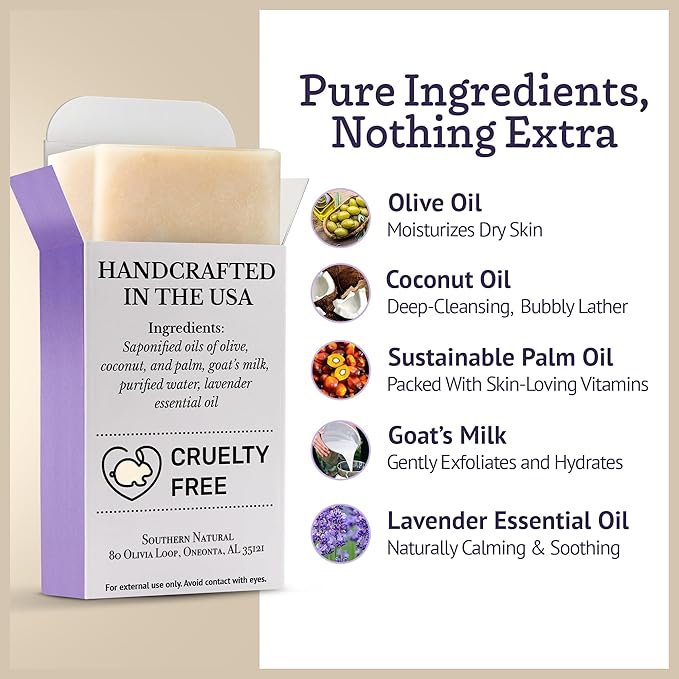 Southern Natural Goat Milk Soap Bar Lavender, 3 Pack, Dry Sensitive Skin