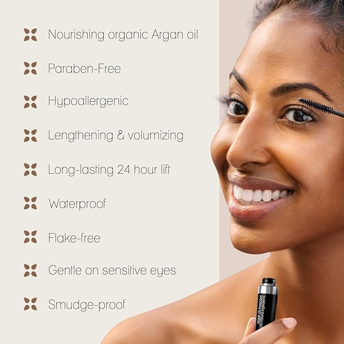 Poppy Austin Organic Waterproof Mascara, Natural, Vegan, Paraben-Free, Cruelty-Free - Hypoallergenic Mascara Lengthening & Volumizing with Argan Oil - 0.31 Fl Oz (Black)