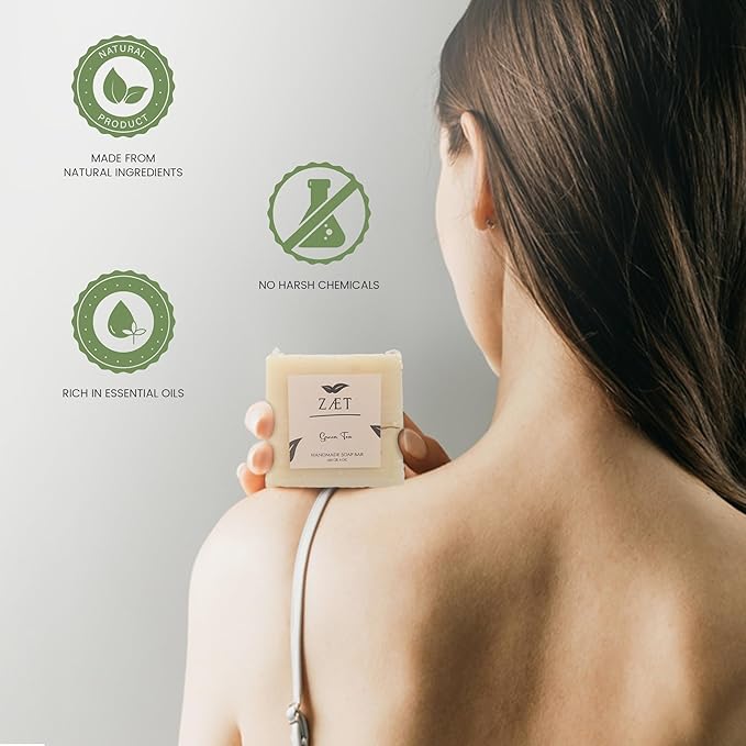 ZÆT Green Tea Soap Bar, 4 Pack Natural Handmade Bar Soap with Olive, Almond & Coconut Oil, Moisturizing Soap Bar for Hands & Body, Gentle Non Toxic Bath Soap for All Skin Types, 140g Each