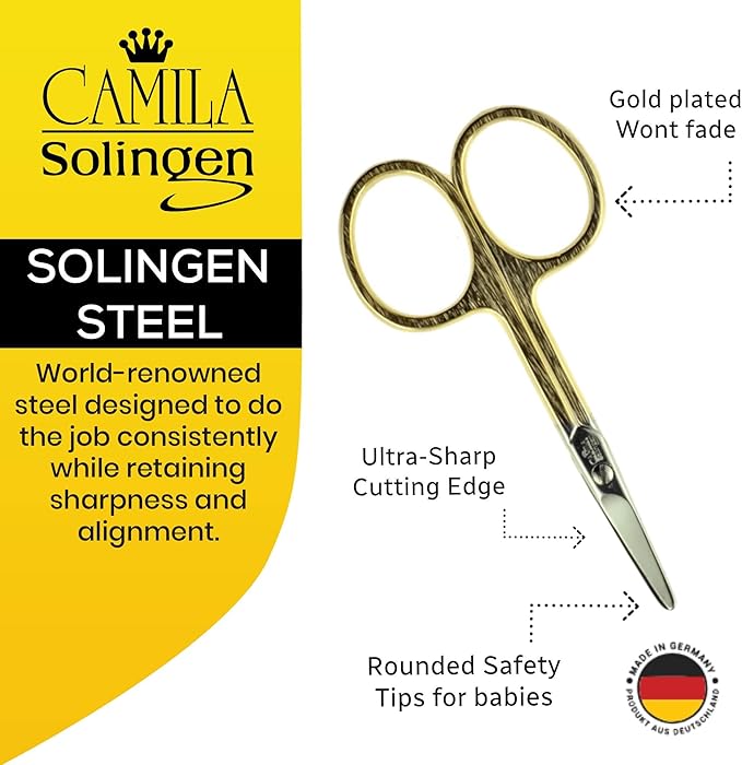 Camila Solingen CS01 Safety Tip Baby Nail Scissors for Manicure and Pedicure, Hypoallergenic Gold Plated Grooming Scissors for Toddler Nail Care, Made of Carbon Steel in Solingen, Germany