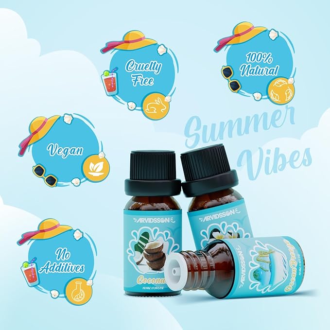ARVIDSSON Summer Essential Oils Set, Tropical Fragrance Oil for Diffuser, Soap and Candle Making - Ocean Breeze, Pina Colada, Fresh Cotton, Pink Sand, Plumeria, Coconut, Scented Oil for Home