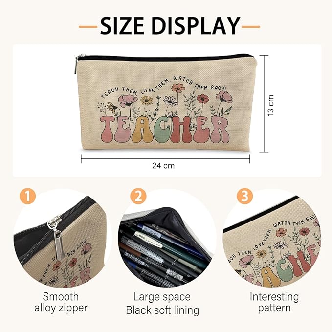 BARPERY Teacher Bag,Gifts For teacher Survival Kit,Teacher Must Haves, Retro Wildflowers Canvas Makeup Bag,Cosmetic Bag Zipper Travel Toiletry Bag
