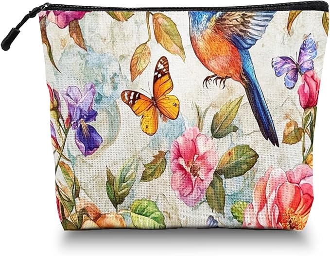 Scribesense Cosmetic Bags Travel Makeup Toilet Case Waterproof Pouch for Women Girls 6.7X9.45inches - Whimsical Flower - Bird - Butterfly World