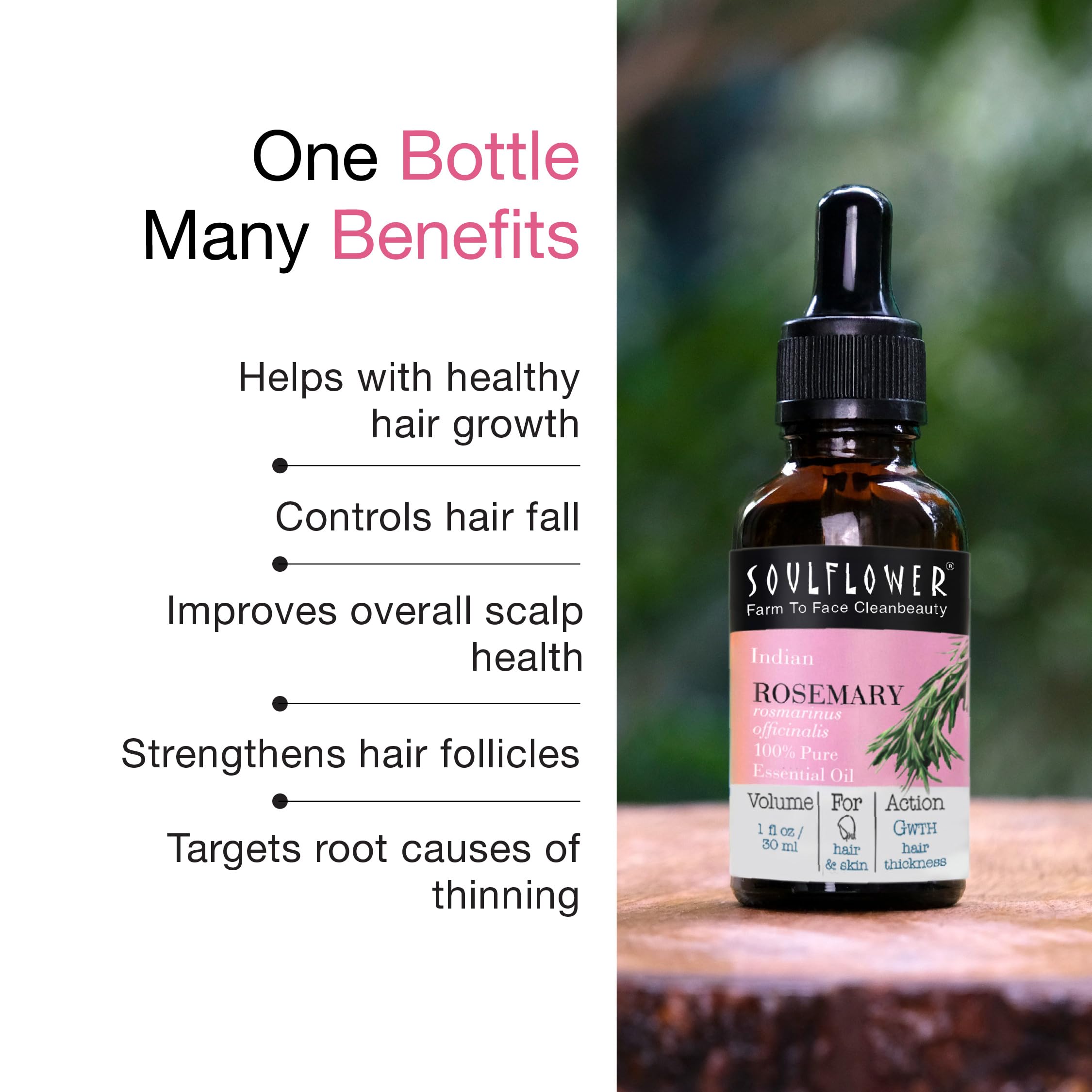 Soulflower 100% Pure Rosemary Oil for Hair Growth, Hair Fall Control, Strengthening, Volumising Hair Oil for All Types | Organic Certified (1 fl oz)