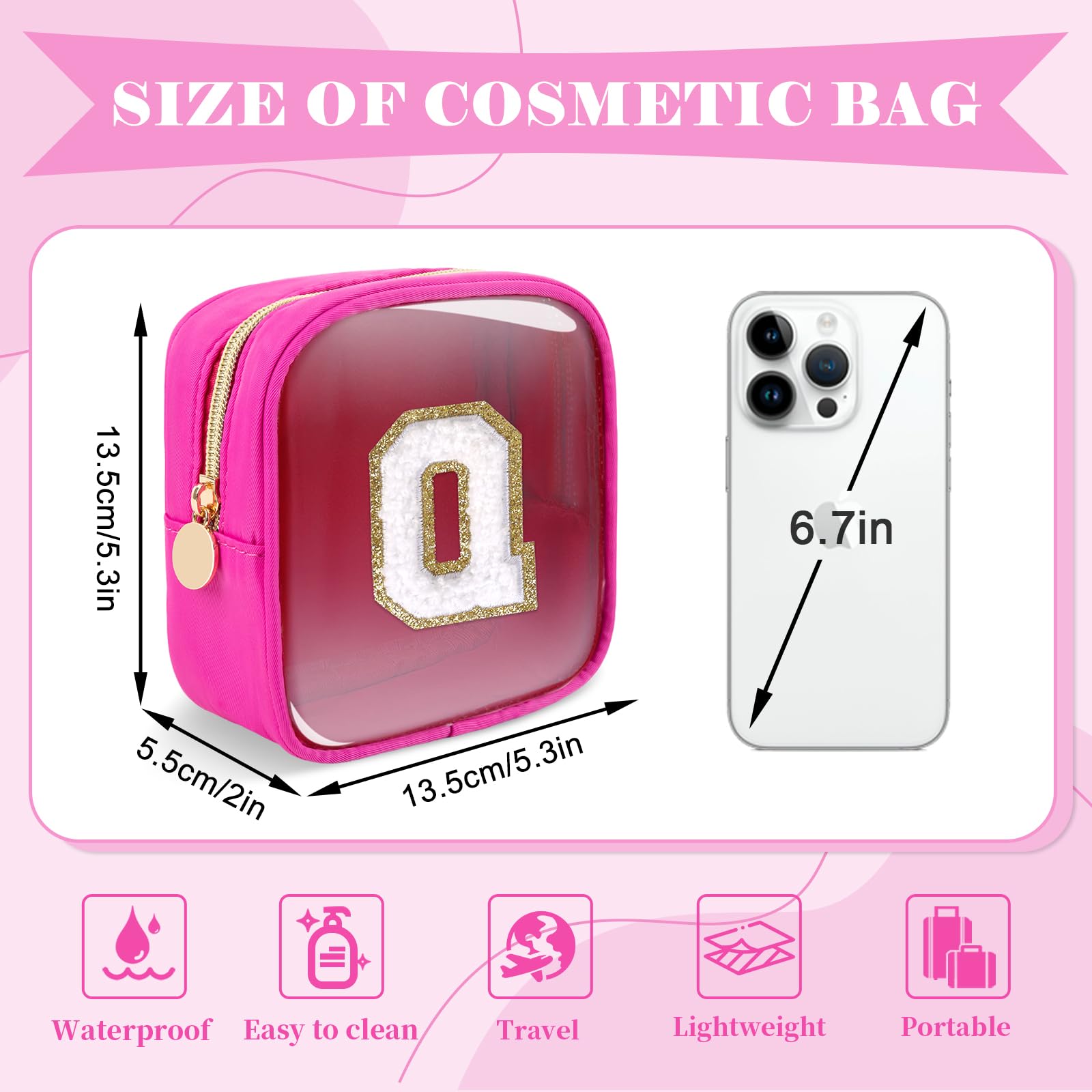 Personalized Initial Letter Clear Preppy Makeup Bag,Mini Nylon Chenille Letter Cosmetic Bag Cute Zipper Pouch Coin Purse for Teen Girls,Portable TSA Approved Travel Essentials Bag Gift for Women,Q