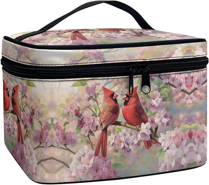 Drydeepin Cardinal Pink Cherry Blossom Print Travel Makeup Bags for Women Portable Tote Cosmetic Case with Carry Handle Toiletry Accessories Storage Organizer Bags