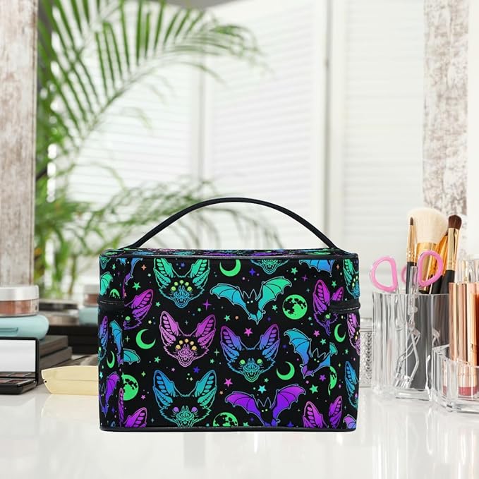 MNSRUU Makeup Bags, Gothic Bats Moons and Stars Makeup Organizer Bags Toiletry Bag Box Travel Cosmetic Bag Make Up Train Case for Women Teen Girl Ladies