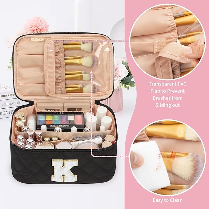 OCHEAL Makeup Bag for Women, Monogram Cosmetic Bag with Brush Holder,Black Travel Makeup Case Beauty Toiletry Bag Organizer Personalized Gifts for Girls Bridesmaid, Sister, Wife, Friends Initial K