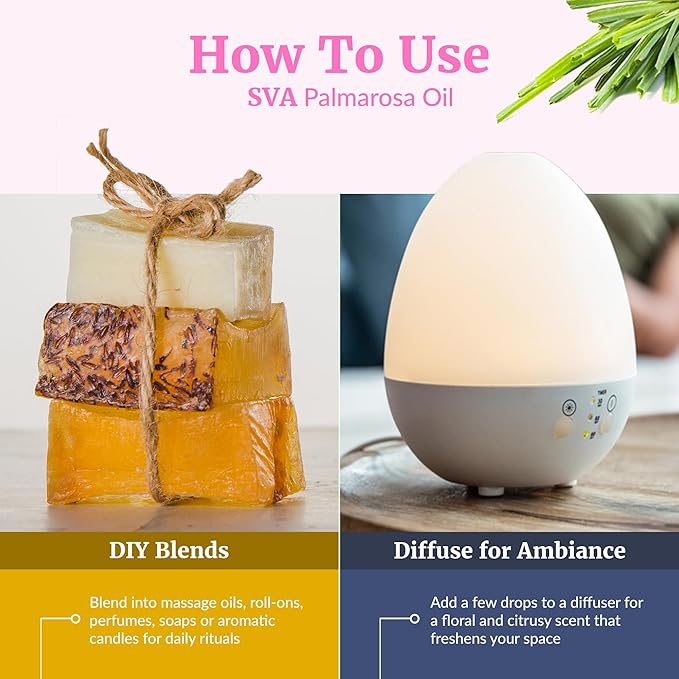 SVA Palmarosa Essential Oil, Glass Bottle with Dropper, 4 Fl Oz (118 ml)