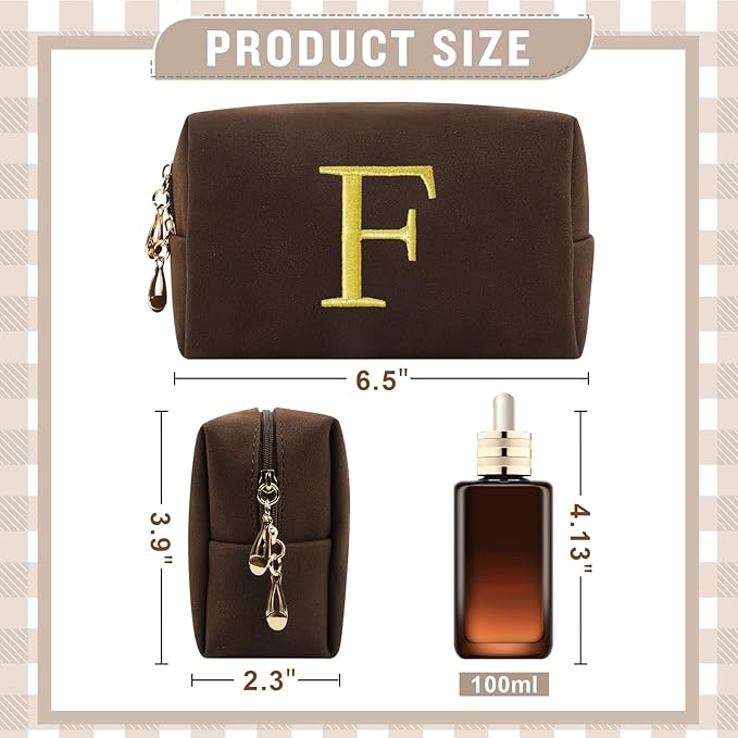 ChaoGreat Personalized Initial Makeup Bag,Preppy Cosmetic Bag for Teen Girls,Small Monogram Travel Toiletry Bag With Gold Embroidered Letter,Trendy Stuff Custom Christmas Gift for Women(Coffee-F)